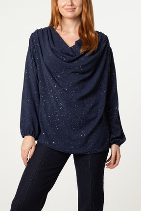 Metallic Glitter Cowl Neck Blouse