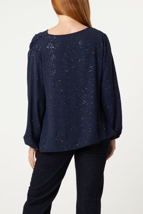Metallic Glitter Cowl Neck Blouse