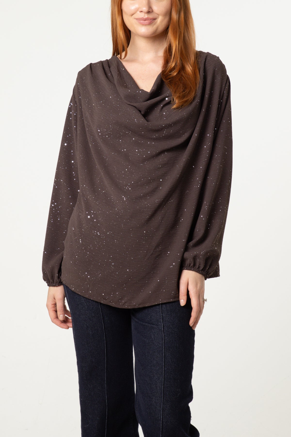 Metallic Glitter Cowl Neck Blouse