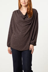 Metallic Glitter Cowl Neck Blouse