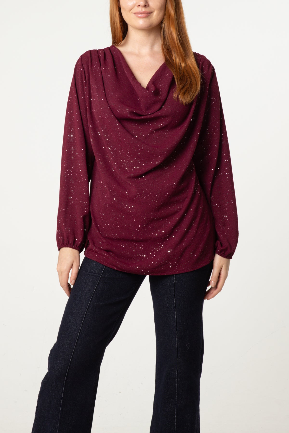 Metallic Glitter Cowl Neck Blouse