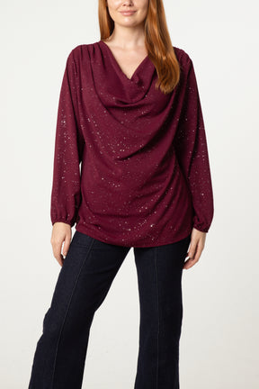 Metallic Glitter Cowl Neck Blouse