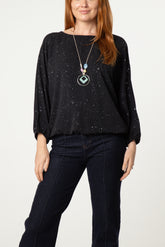 Metallic Glitter Necklace Blouse