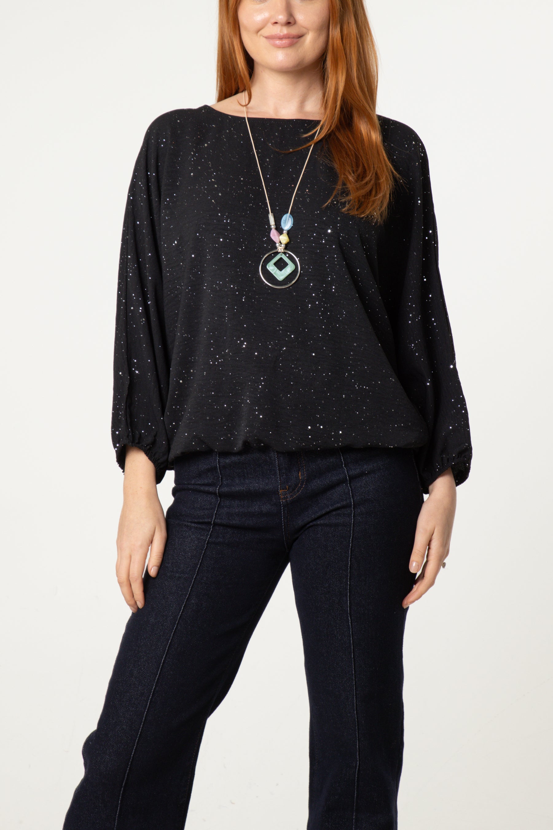Metallic Glitter Necklace Blouse