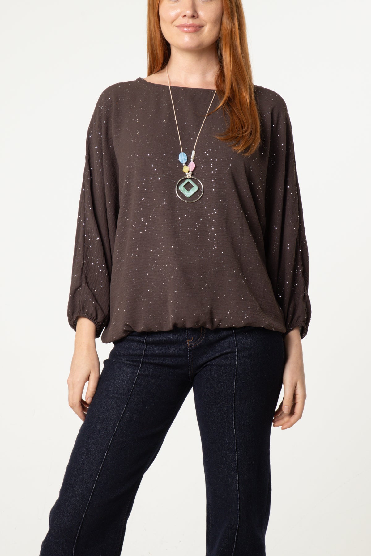 Metallic Glitter Necklace Blouse