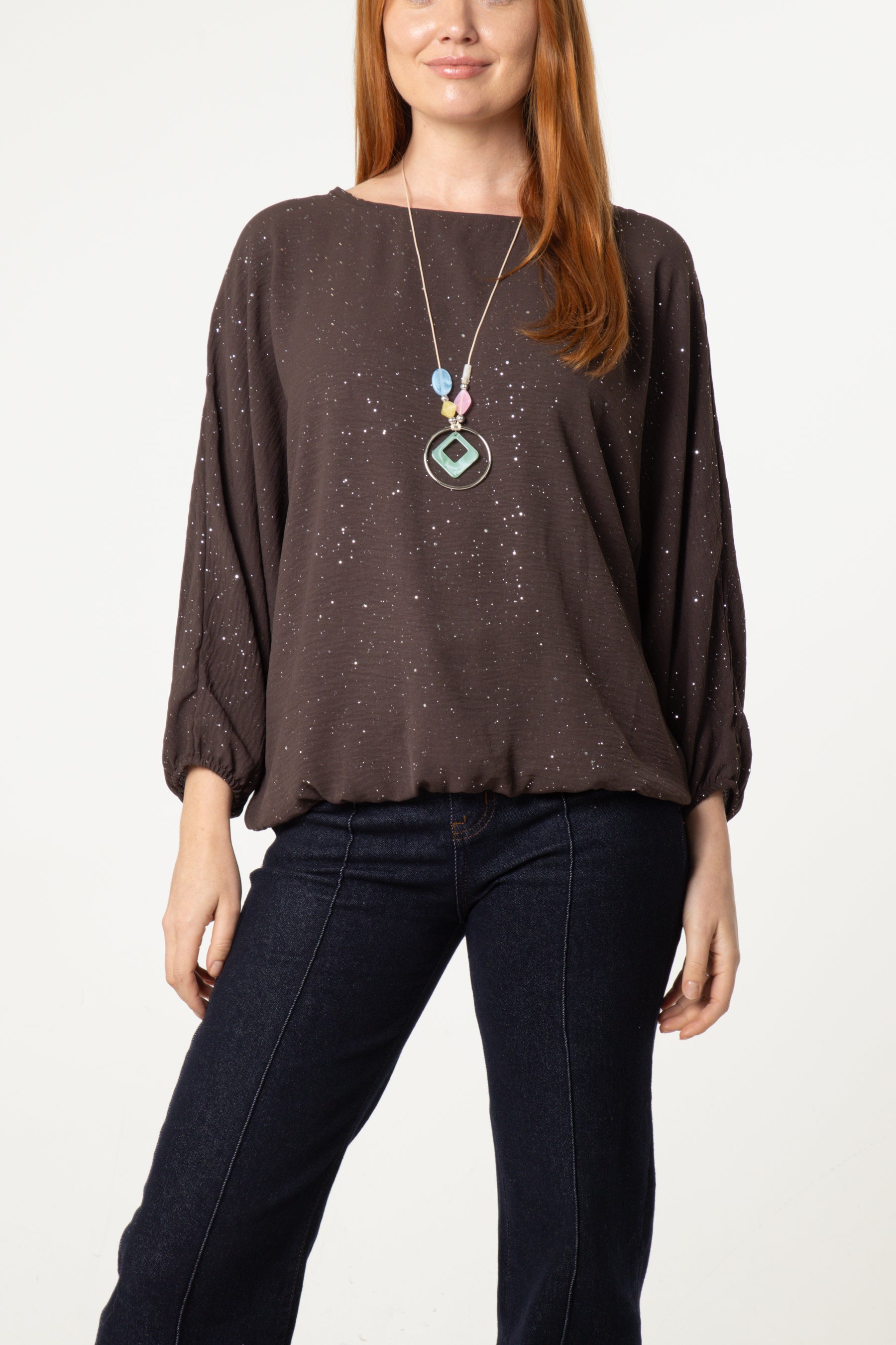 Metallic Glitter Necklace Blouse