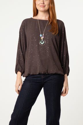 Metallic Glitter Necklace Blouse