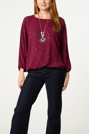 Metallic Glitter Necklace Blouse