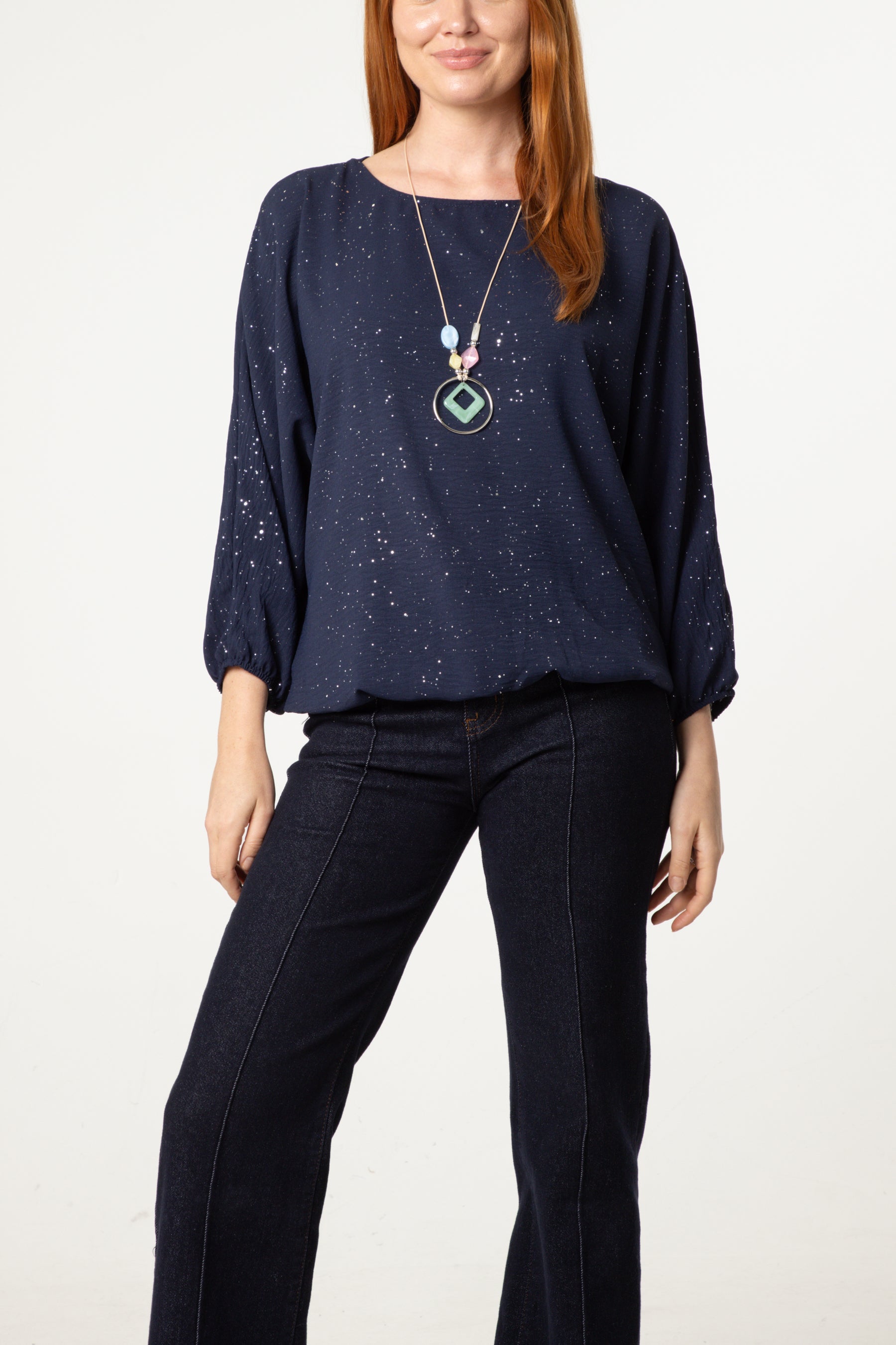 Metallic Glitter Necklace Blouse