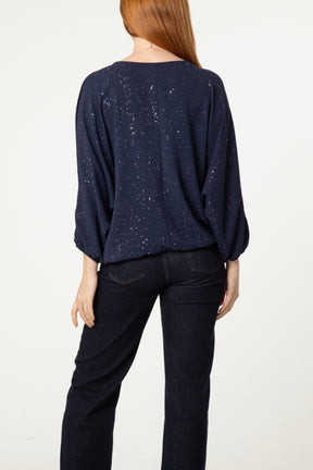 Metallic Glitter Necklace Blouse