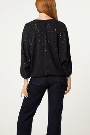 Metallic Glitter Necklace Blouse