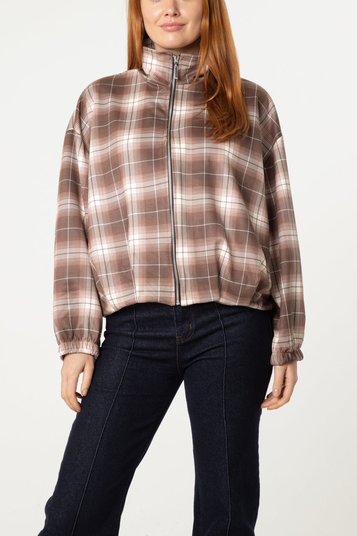 Plaid High Neck Hem Jacket