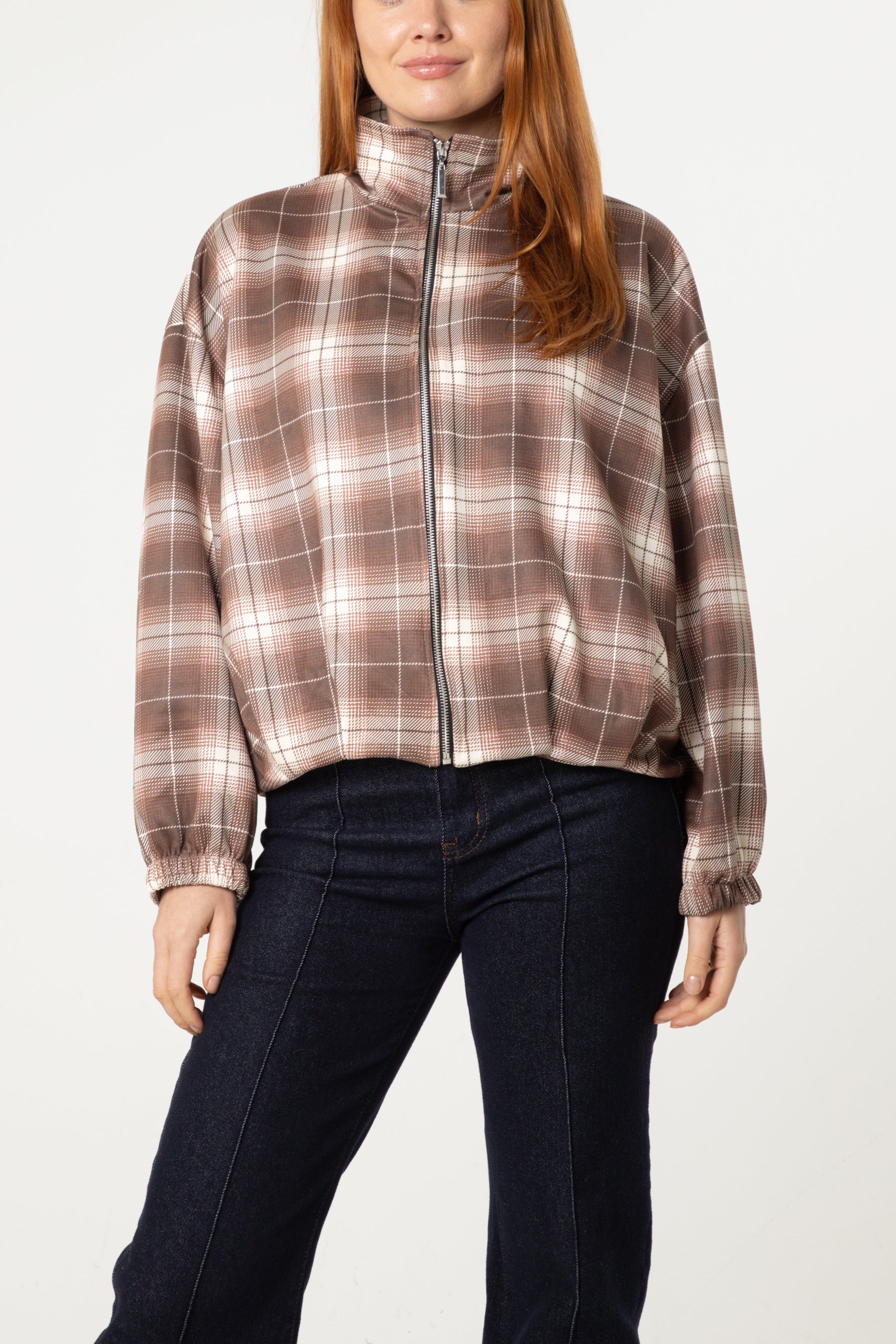 Plaid High Neck Hem Jacket