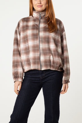 Plaid High Neck Hem Jacket
