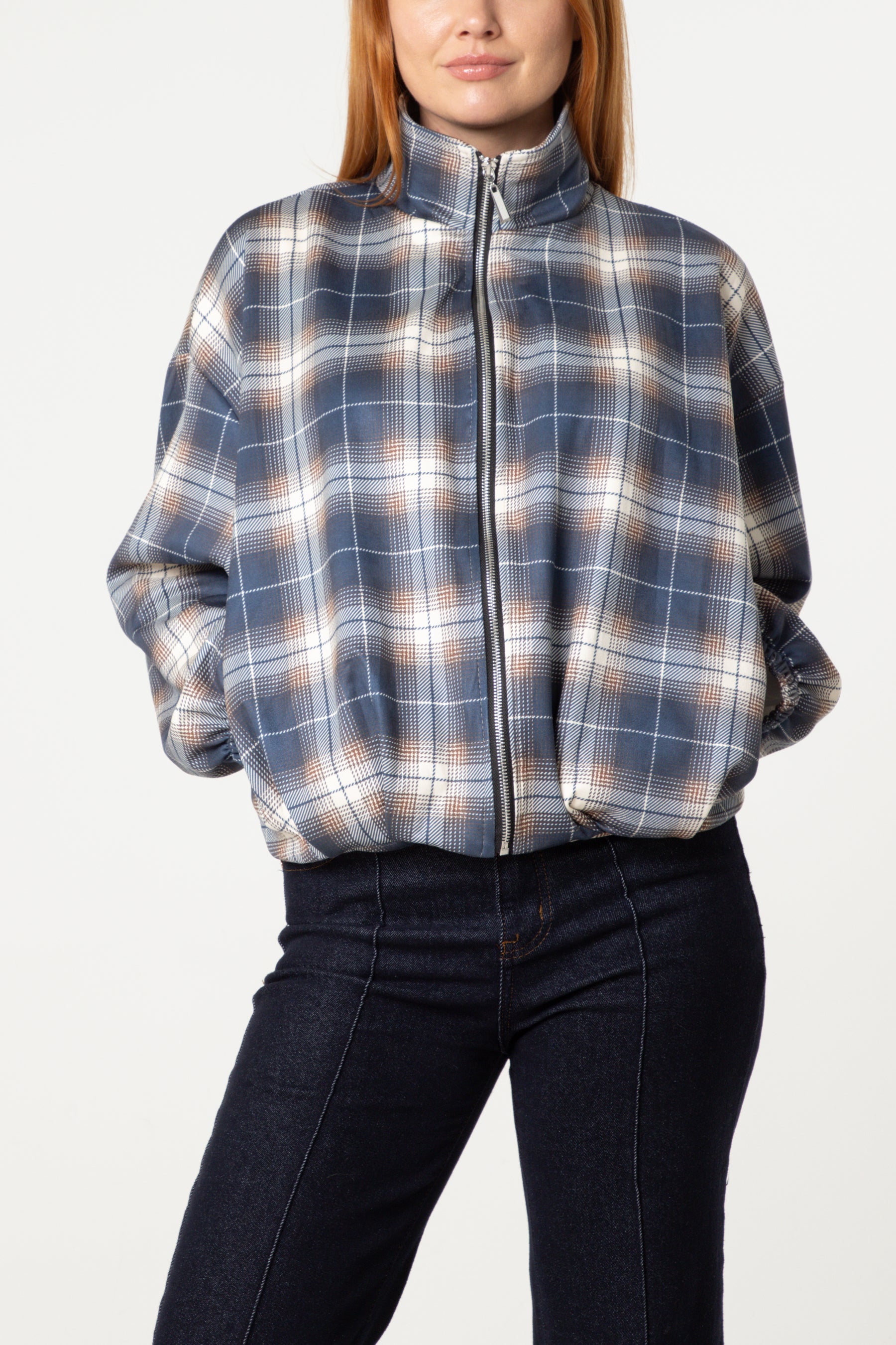Plaid High Neck Hem Jacket