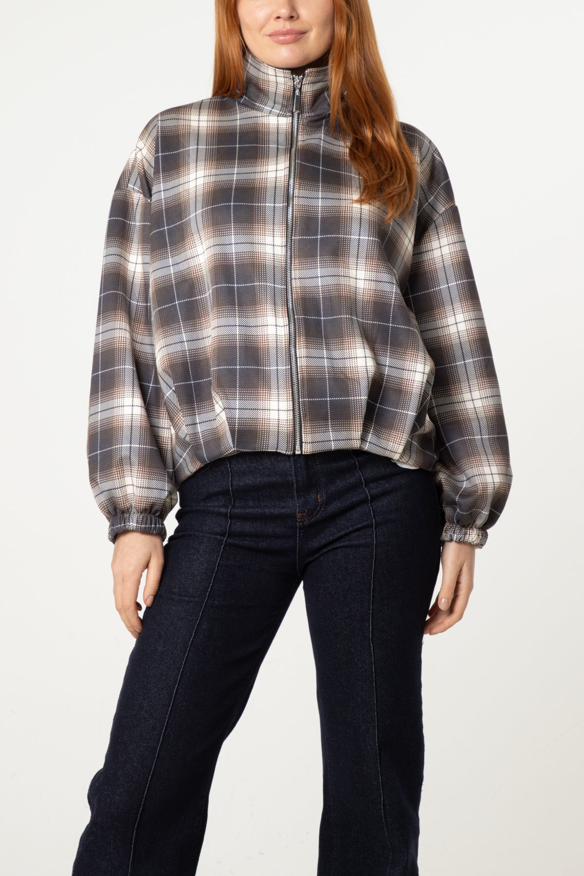 Plaid High Neck Hem Jacket