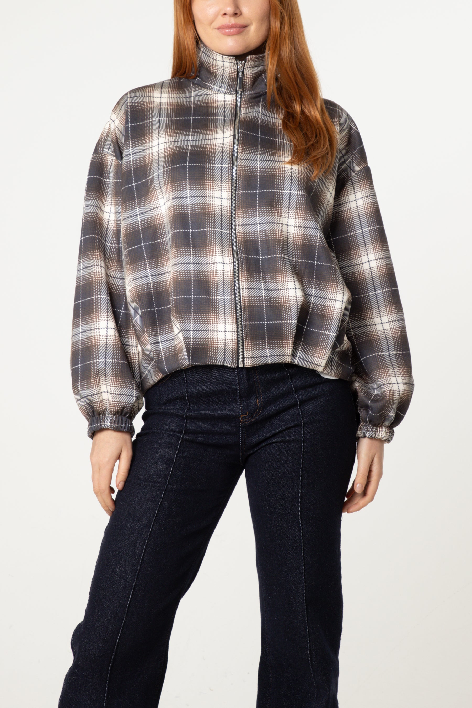 Plaid High Neck Hem Jacket