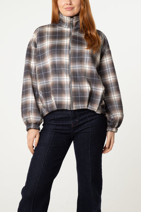 Plaid High Neck Hem Jacket