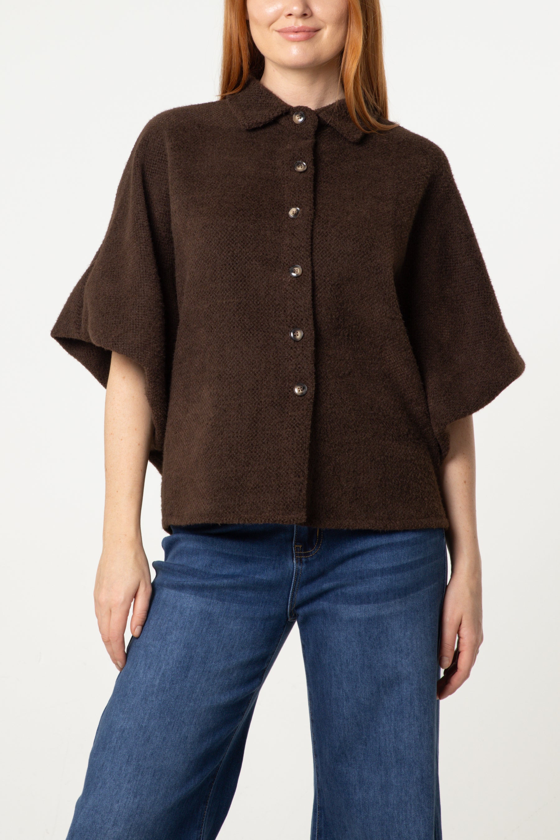 Balloon Sleeve Collared Knit Cardigan