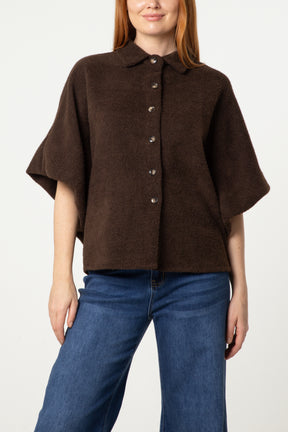 Balloon Sleeve Collared Knit Cardigan