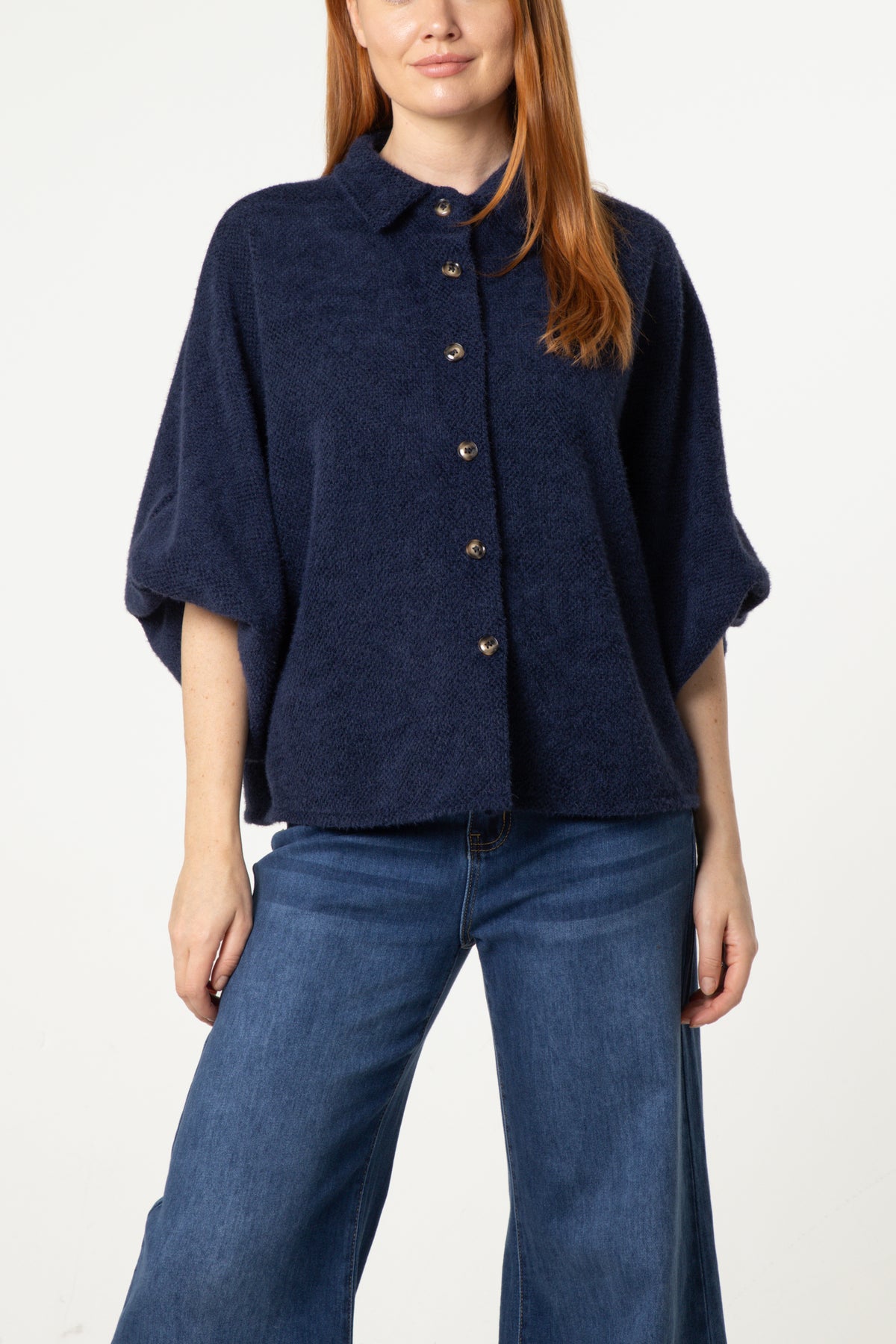 Balloon Sleeve Collared Knit Cardigan