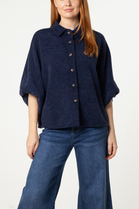 Balloon Sleeve Collared Knit Cardigan