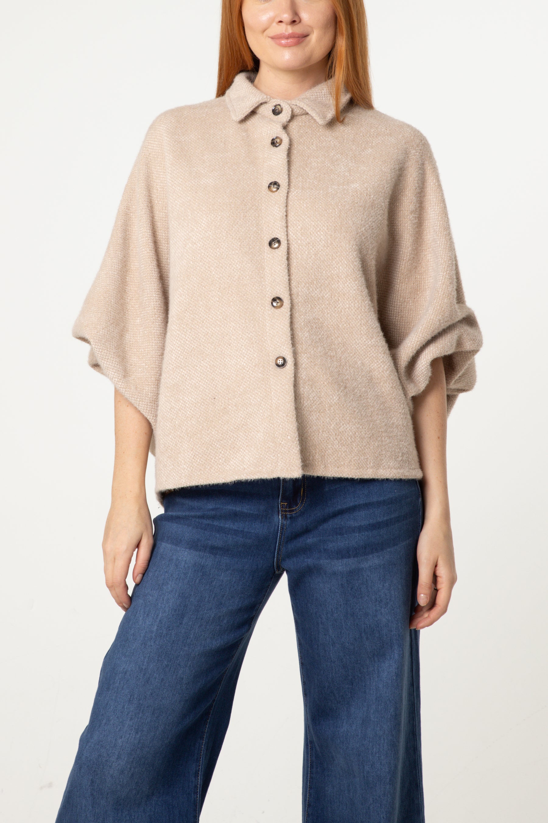 Balloon Sleeve Collared Knit Cardigan