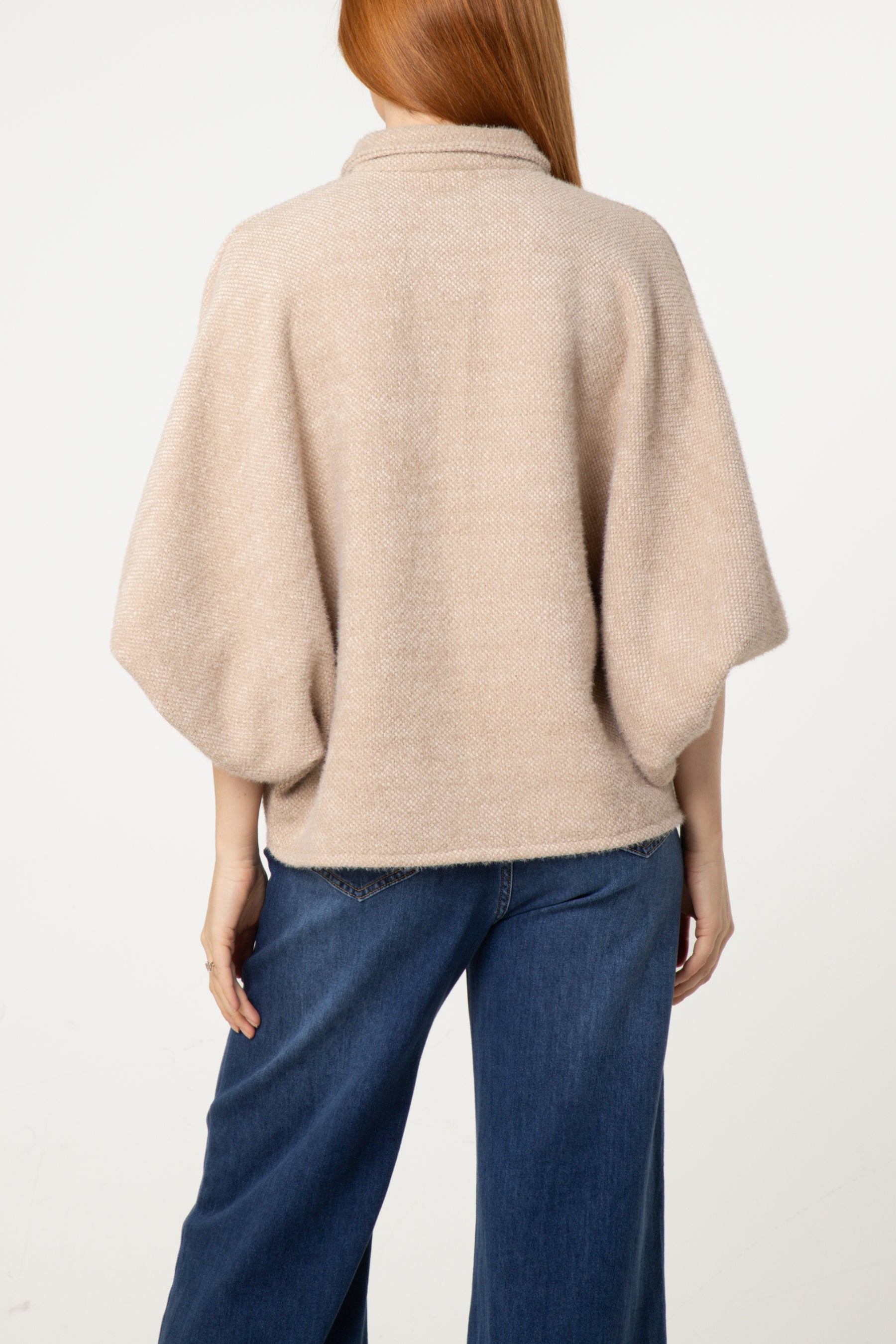Balloon Sleeve Collared Knit Cardigan