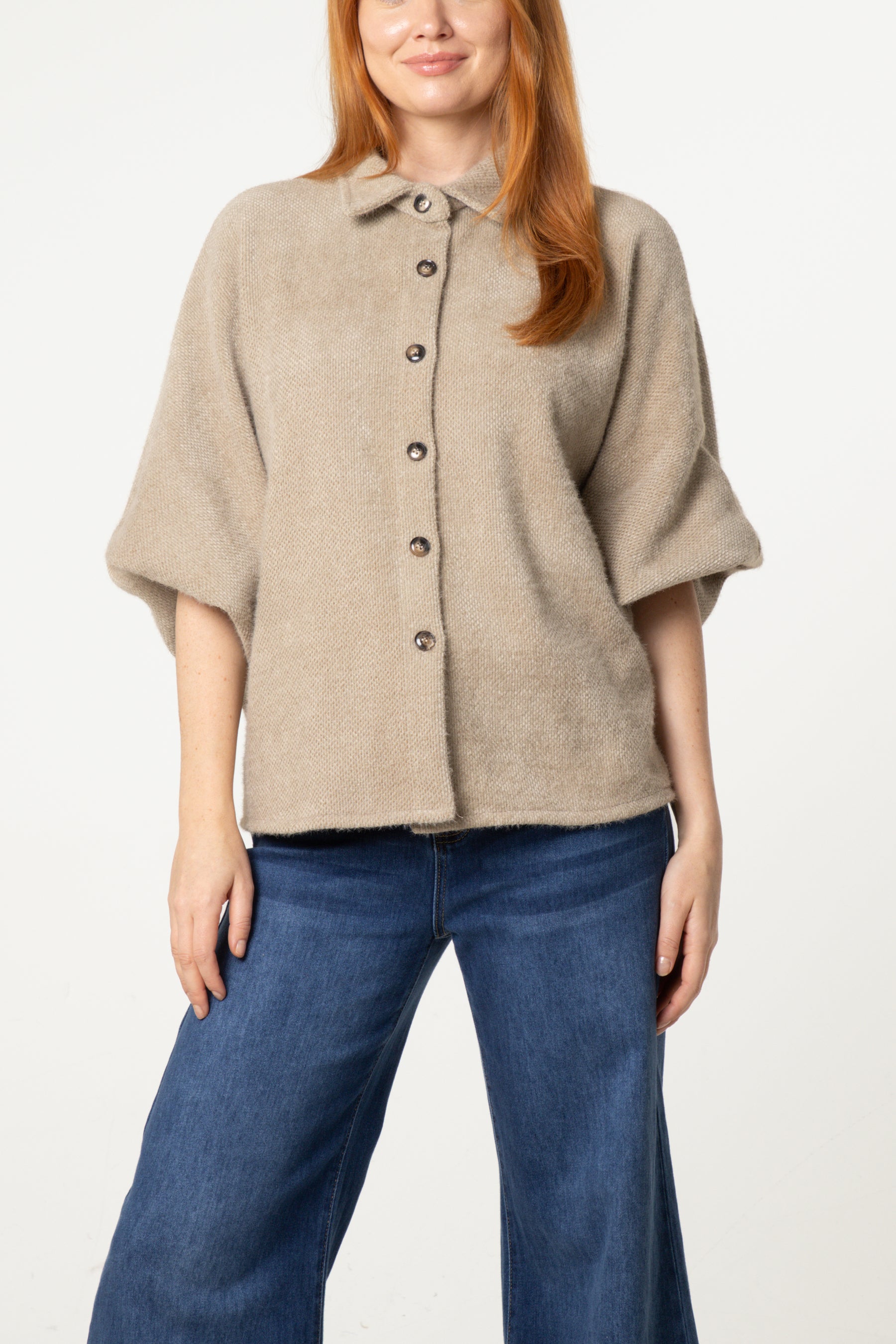 Balloon Sleeve Collared Knit Cardigan