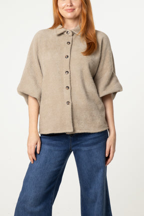 Balloon Sleeve Collared Knit Cardigan