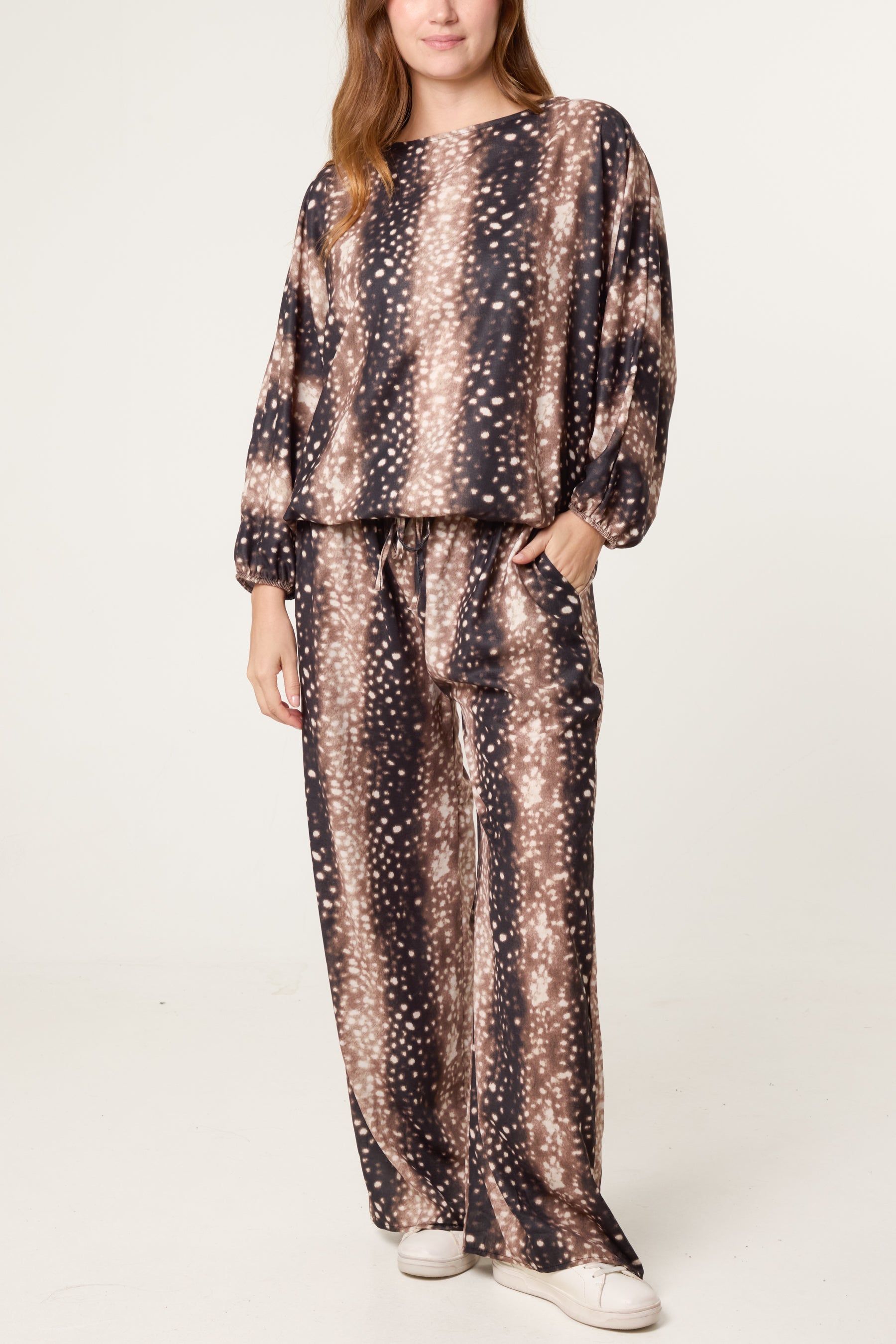 Deer Print Top & Wide Leg Trouser Set