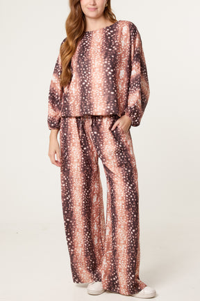 Deer Print Top & Wide Leg Trouser Set