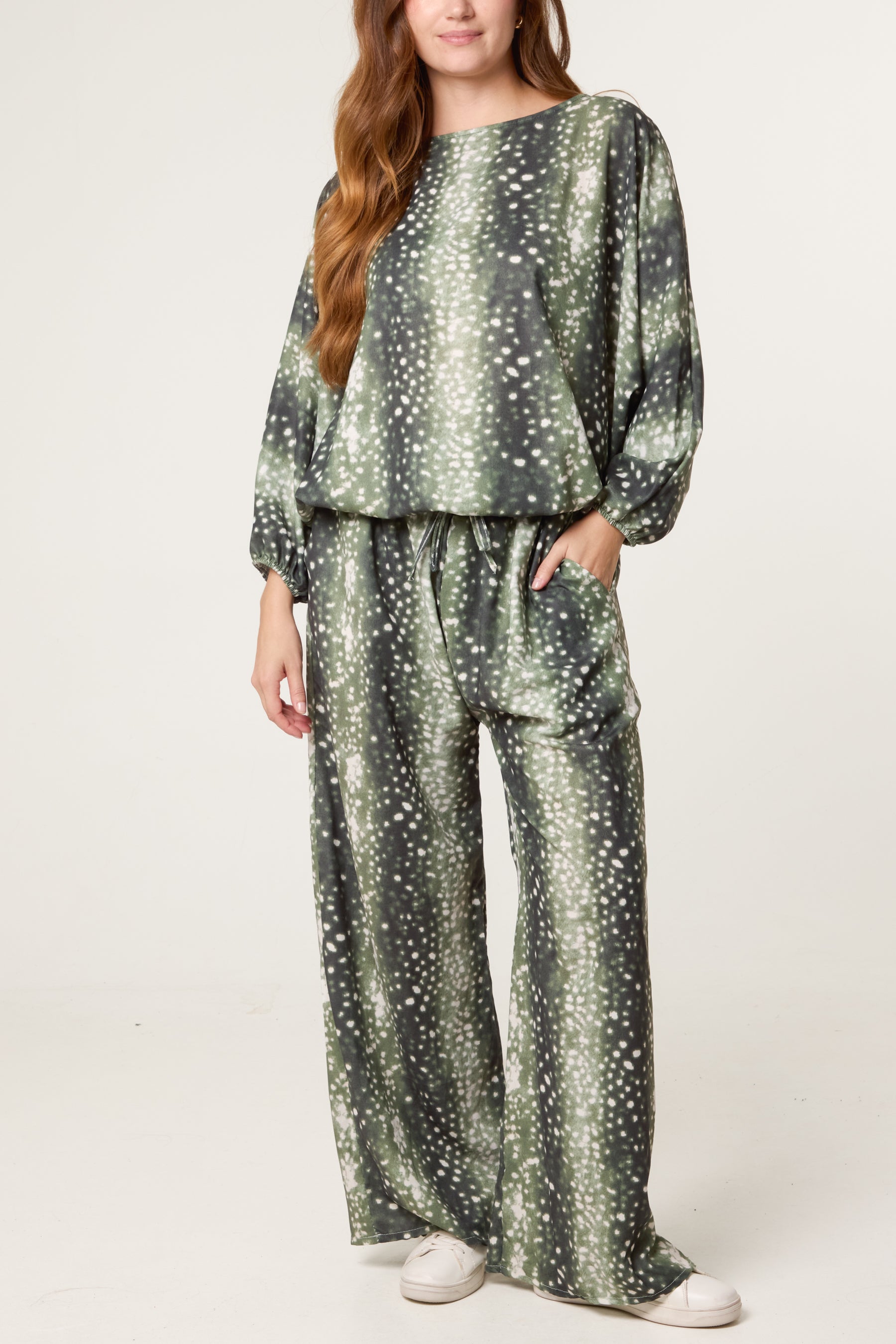 Deer Print Top & Wide Leg Trouser Set