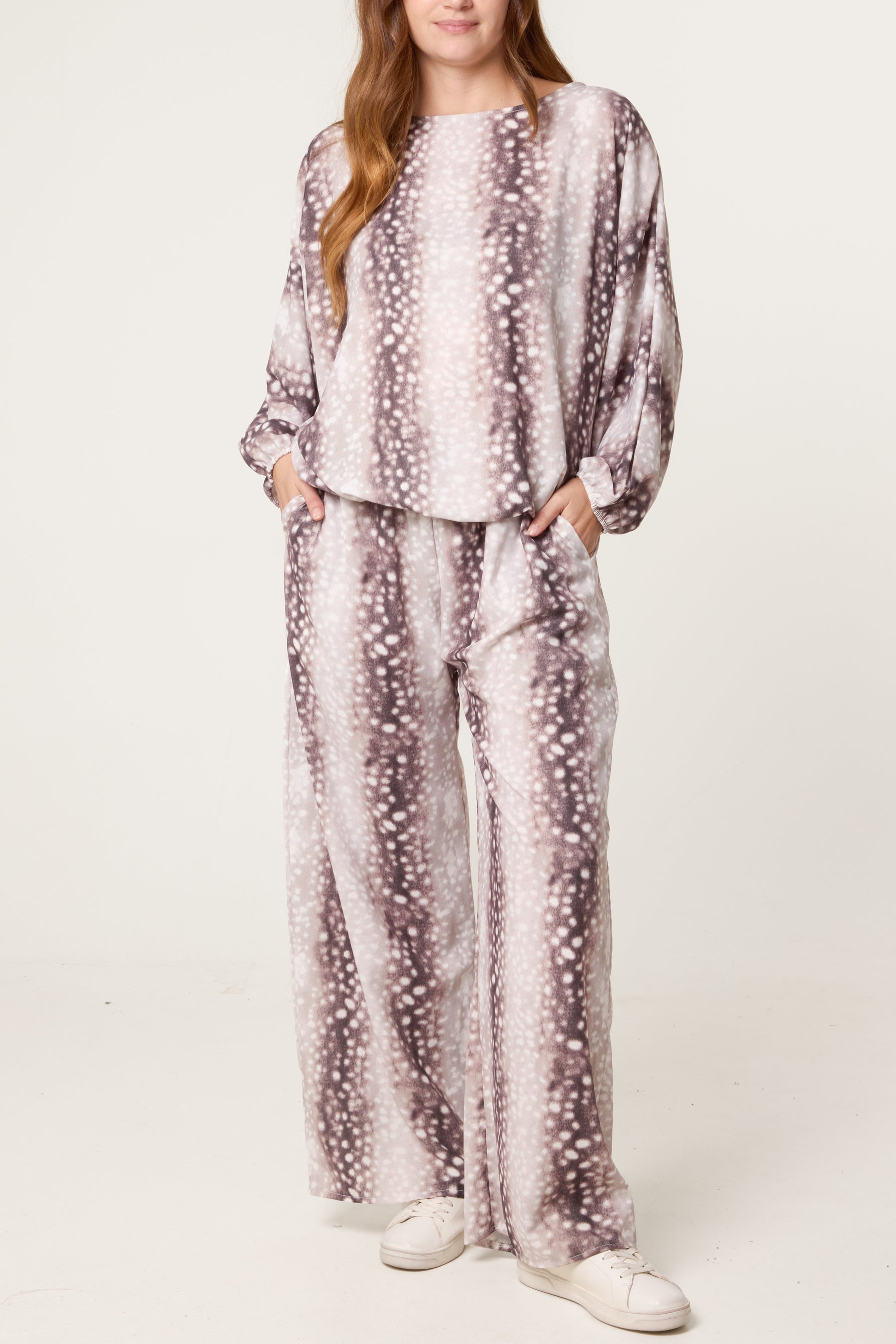 Deer Print Top & Wide Leg Trouser Set