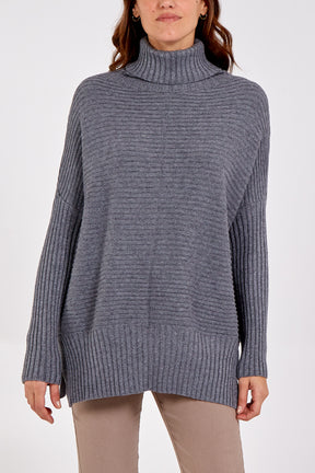 Knitted Rib Roll Neck Jumper