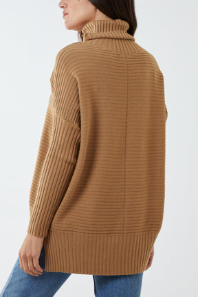 Knitted Rib Roll Neck Jumper