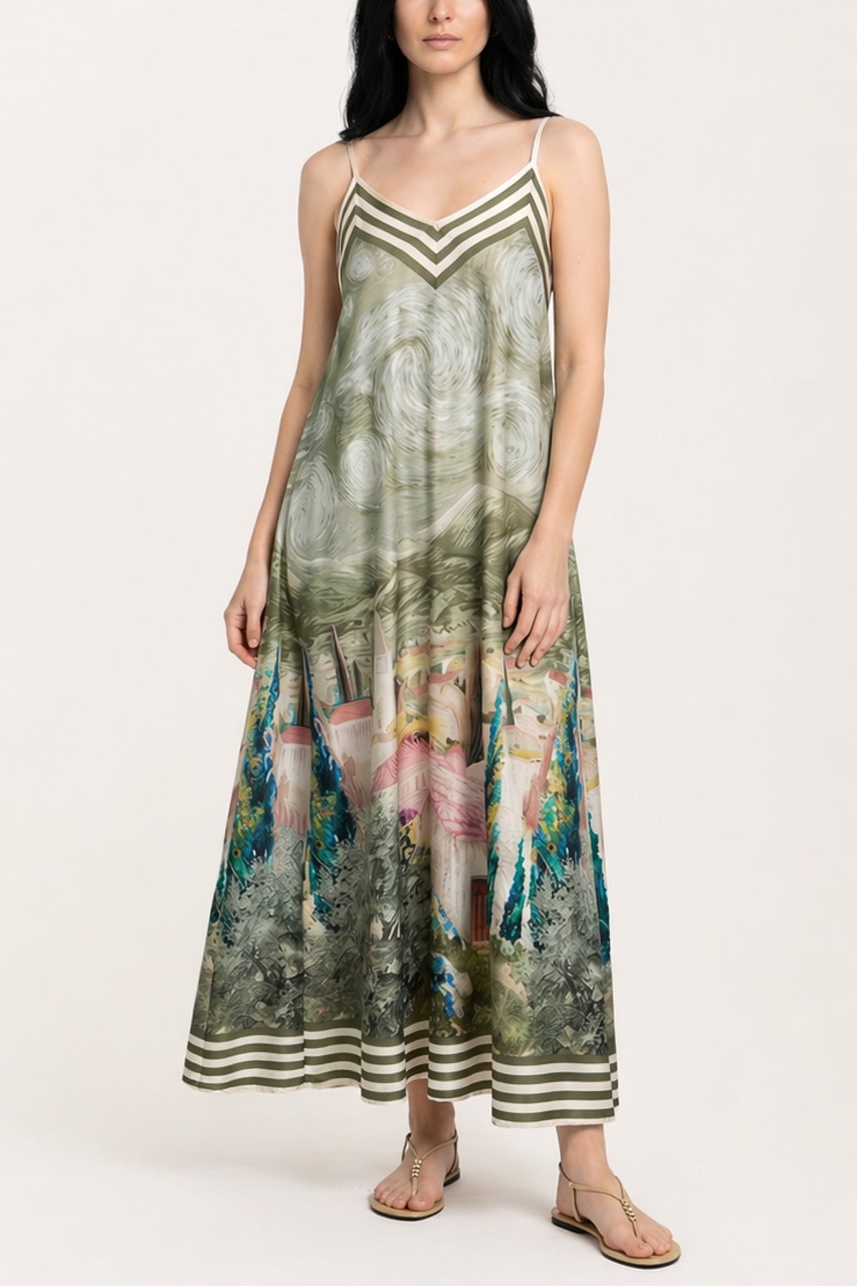 Landscape Print Satin Cami Dress
