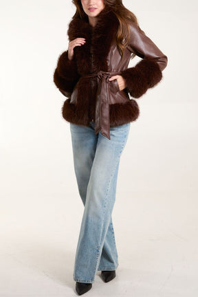 Pu & Faux Fur Zip & Belted Peplum Jacket