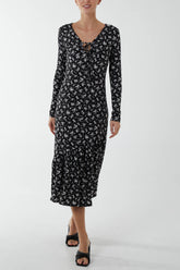 Ditsy Floral Print Tie Front Midi Dress