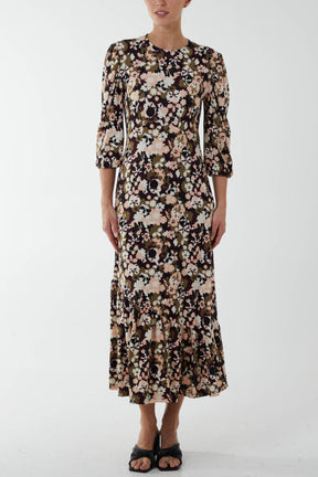 Abstract Floral Print Shirred Midi Dress