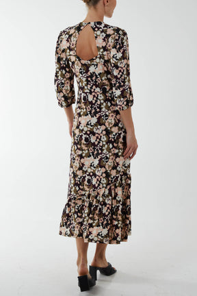 Abstract Floral Print Shirred Midi Dress