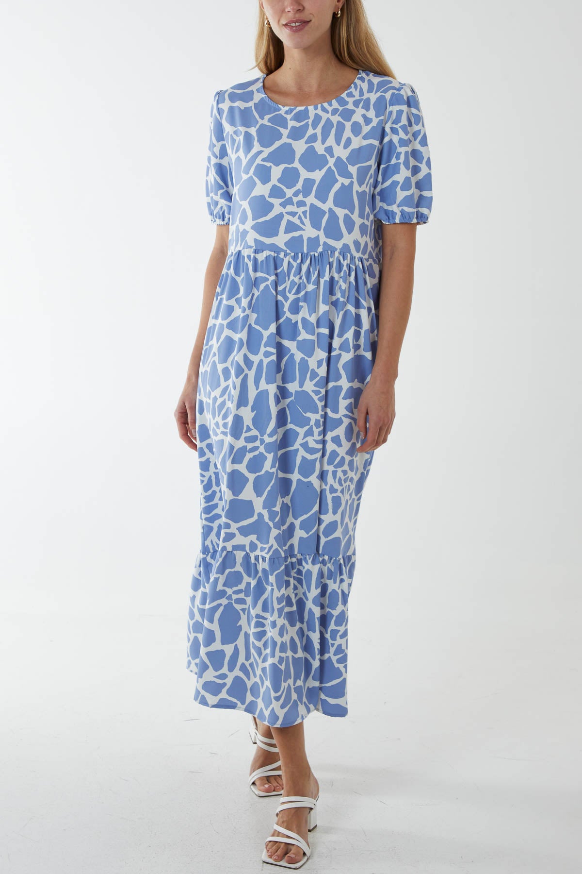 Short Sleeve Giraffe Print Tiered Midi Dress