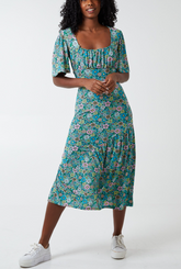 Floral Ruched Front Angel Sleeve Dress