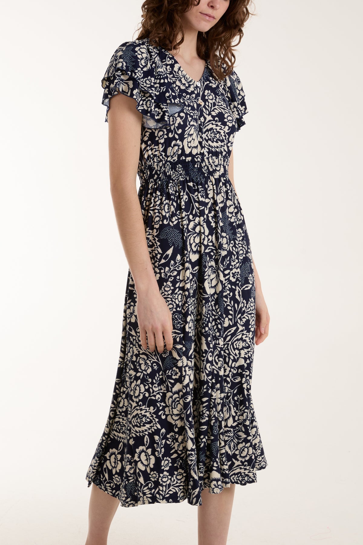 Angel Sleeve V-Neck Floral Stretch Midi Dress