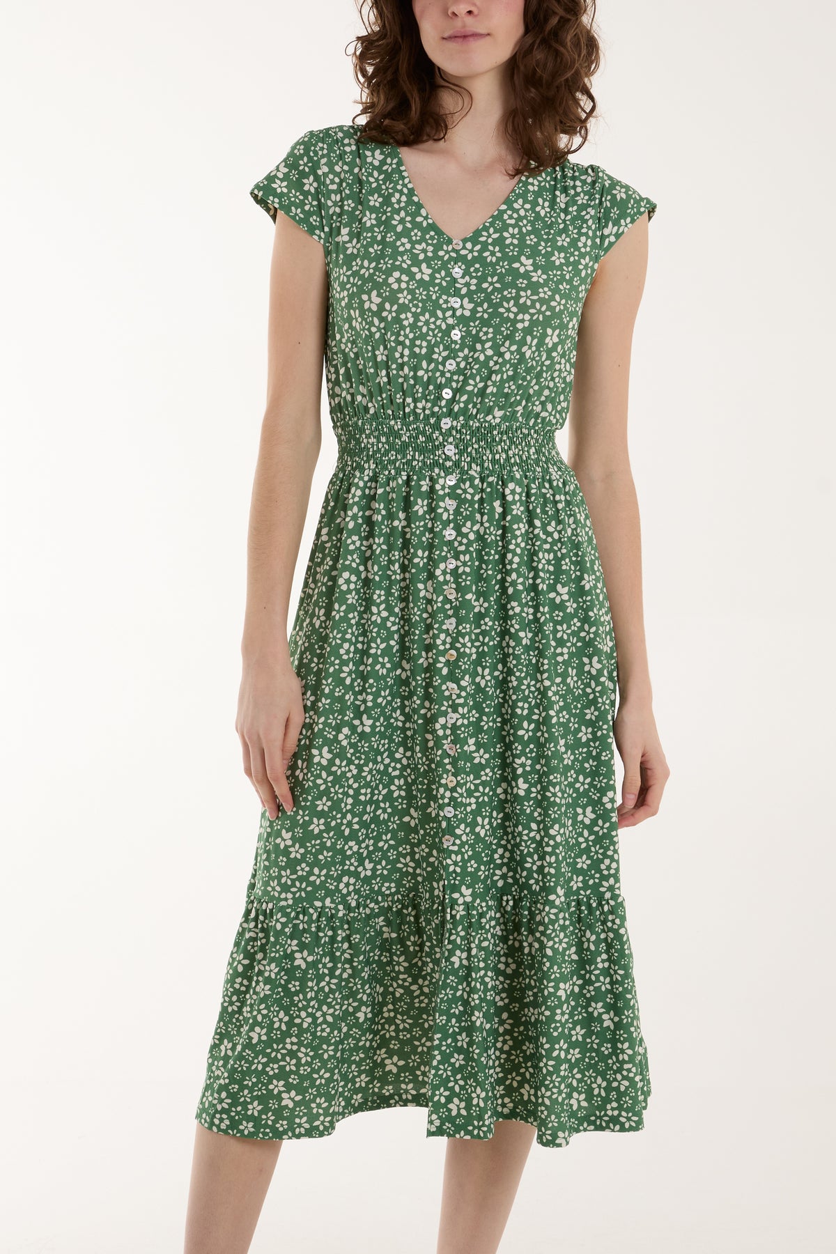 Button Through Ditsy Floral Stretch Midi Dress