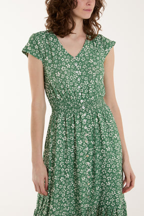 Button Through Ditsy Floral Stretch Midi Dress