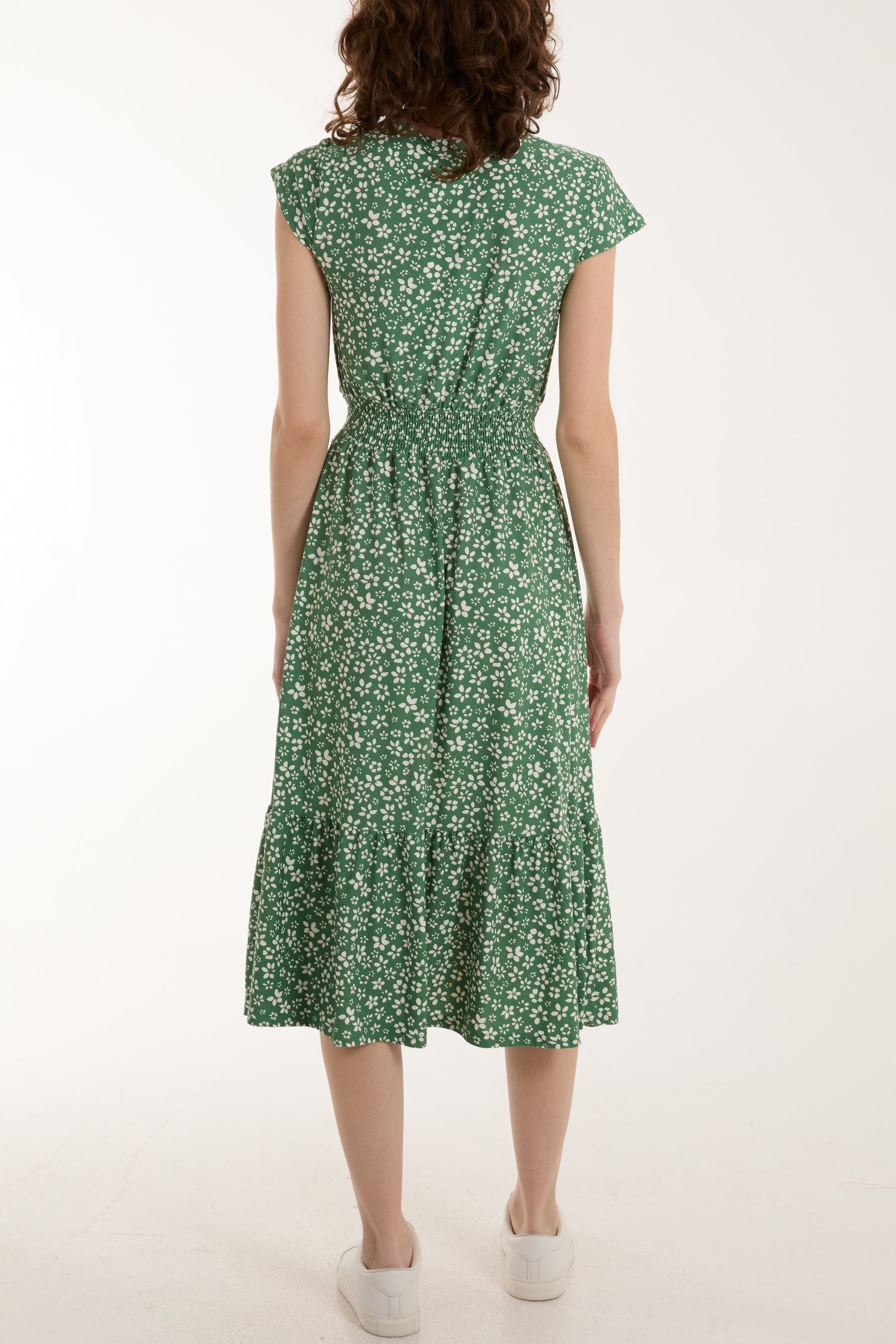 Button Through Ditsy Floral Stretch Midi Dress