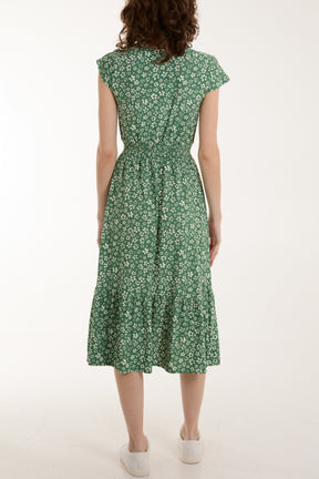 Button Through Ditsy Floral Stretch Midi Dress