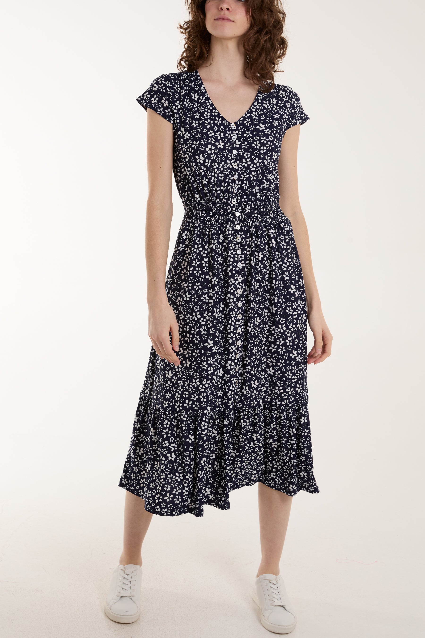 Button Through Ditsy Floral Stretch Midi Dress