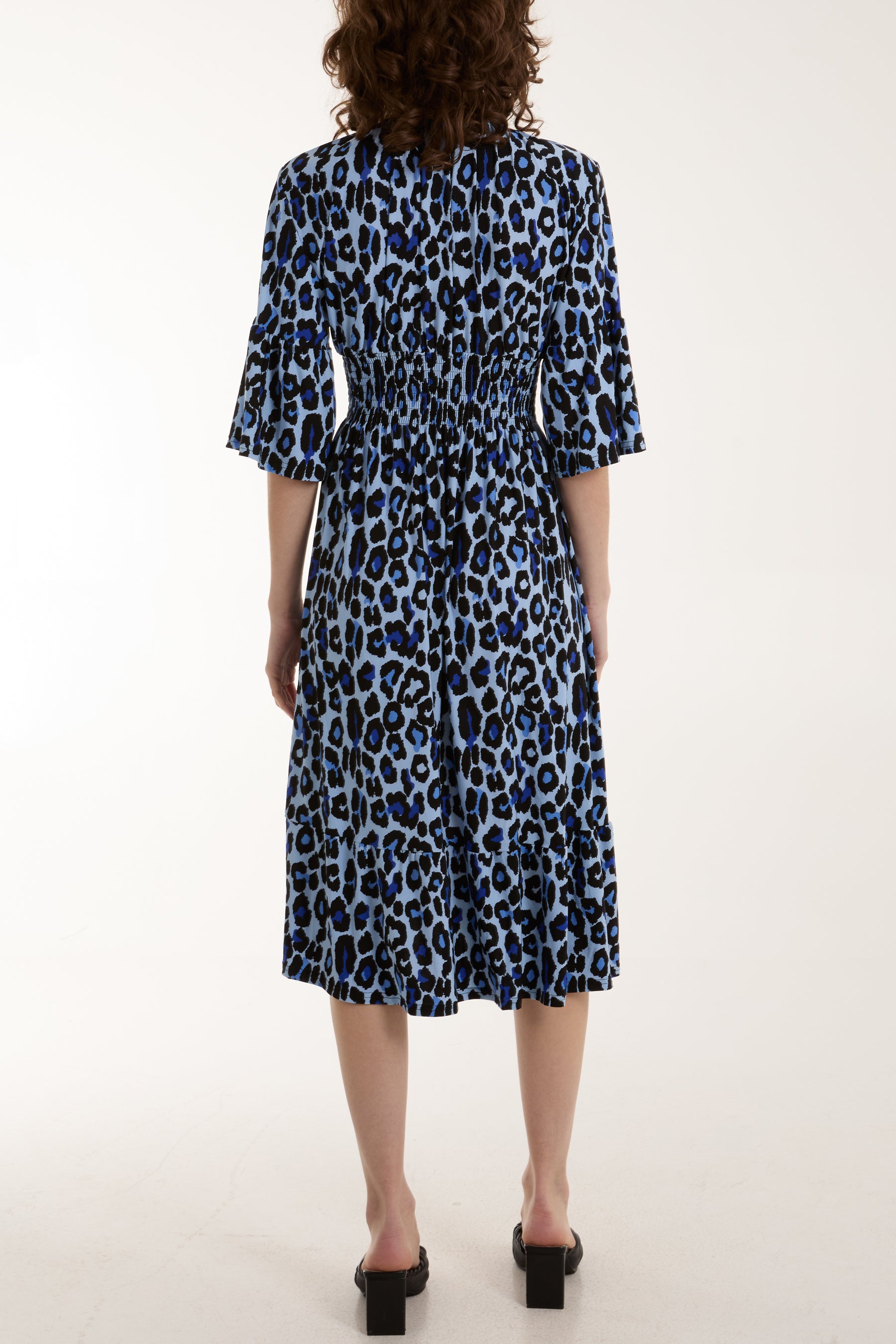 V-Neck Leopard Print Elastic Stretch Midi Dress